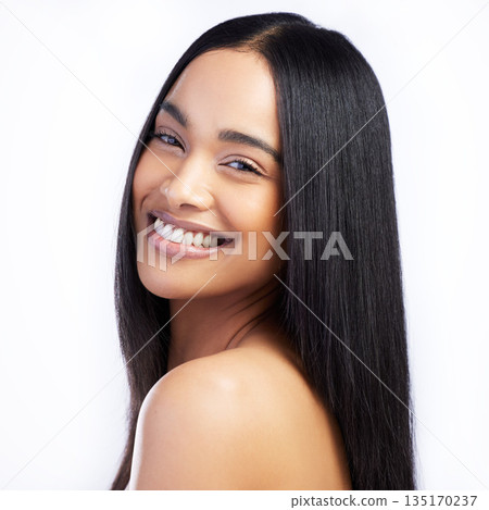 Beauty, happy face and straight hair of woman in studio isolated on a white background for skincare. Portrait, haircare and female model in natural makeup, cosmetics and salon treatment for hairstyle Beauty, happy face and straight hair of woman in studio isolated on a white background for skincare. Portrait, haircare and female model in natural makeup, cosmetics and salon treatment for hairstyle 135170237