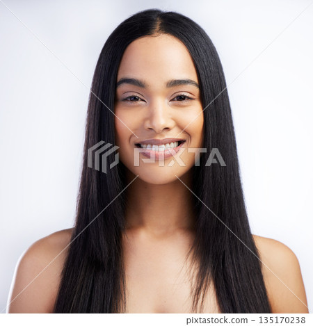 Face, smile and straight hair of woman in studio isolated on a white background for skincare. Portrait, haircare and female model in natural makeup, cosmetics and salon treatment for beauty hairstyle Face, smile and straight hair of woman in studio isolated on a white background for skincare. Portrait, haircare and female model in natural makeup, cosmetics and salon treatment for beauty hairstyle 135170238