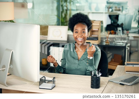 Success portrait, happy and a black woman with good news, bonus celebration or career win. Business smile, winner and an African employee with company pride, happiness and achievement at a job Success portrait, happy and a black woman with good news, bonus celebration or career win. Business smile, winner and an African employee with company pride, happiness and achievement at a job 135170261