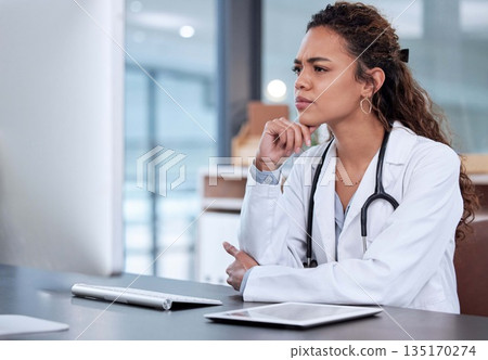 Medical, thinking and computer with doctor in office for planning, research and report. Healthcare, medicine journal and question with woman in hospital for problem solving, network and data Medical, thinking and computer with doctor in office for planning, research and report. Healthcare, medicine journal and question with woman in hospital for problem solving, network and data 135170274