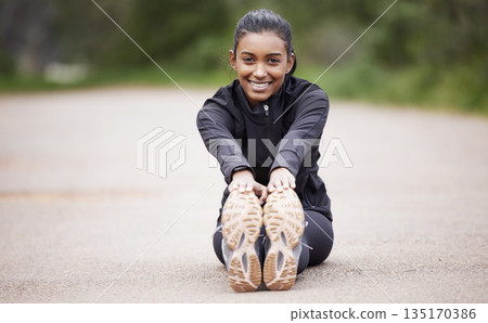 Nature, portrait of woman stretching legs and warm up, workout motivation and fitness mindset with hands on feet. Focus, commitment and girl on floor, leg stretch for outdoor run and exercise goals. 135170386