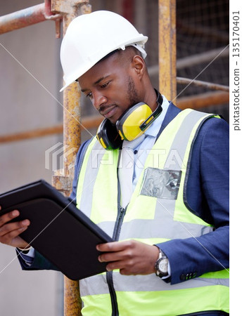 Tablet, architecture and inspection with black man on construction site for engineering, building or designer. Maintenance, project and technology with contractor for planning and city infrastructure Tablet, architecture and inspection with black man on construction site for engineering, building or designer. Maintenance, project and technology with contractor for planning and city infrastructure 135170401