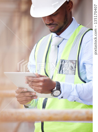 Tablet, architecture and search with black man on construction site for engineering, building or designer. Maintenance, project and technology with contractor for planning and city infrastructure 135170407
