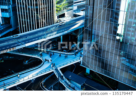 Expressway crossing the intersection. Aerial view of the intersection in front of Shibuya Police Station. November 2025. b-2 High saturation contrast. 135170447