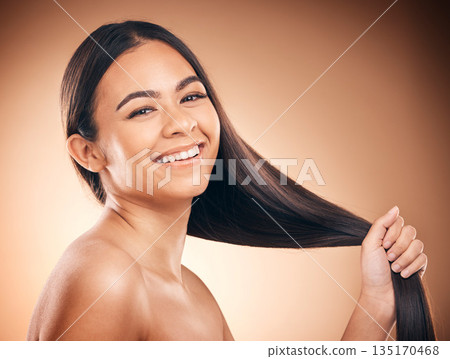 Woman, hair style and cosmetic in studio portrait for beauty, healthy shine and smile by brown background. Girl, youth model and haircare with cosmetics, hand and self care for aesthetic by backdrop Woman, hair style and cosmetic in studio portrait for beauty, healthy shine and smile by brown background. Girl, youth model and haircare with cosmetics, hand and self care for aesthetic by backdrop 135170468