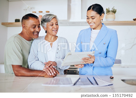 Happy senior couple, real estate agent and contract in new home with discussion, sale and mortgage. Man, women and documents for agreement, property and house with smile in retirement with investment Happy senior couple, real estate agent and contract in new home with discussion, sale and mortgage. Man, women and documents for agreement, property and house with smile in retirement with investment 135170492