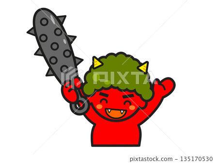 Illustration of a cute smiling red demon holding a golden club 135170530
