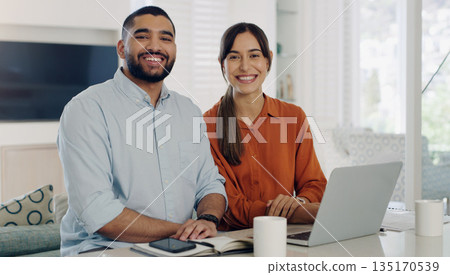Couple, portrait and budget planning at home with a smile and finance savings paperwork. Happiness, marriage and people with internet, web and computer for digital banking for tax and investment 135170539