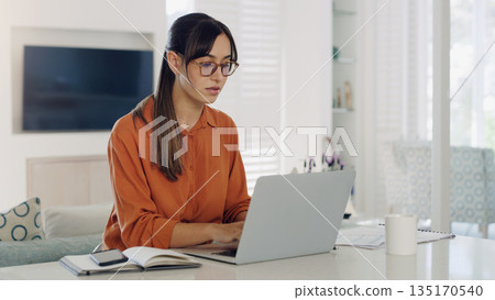 Woman, remote work and typing at laptop in home for digital planning, online research and information at table. Female freelancer working on computer technology, internet and pc connection for blog Woman, remote work and typing at laptop in home for digital planning, online research and information at table. Female freelancer working on computer technology, internet and pc connection for blog 135170540