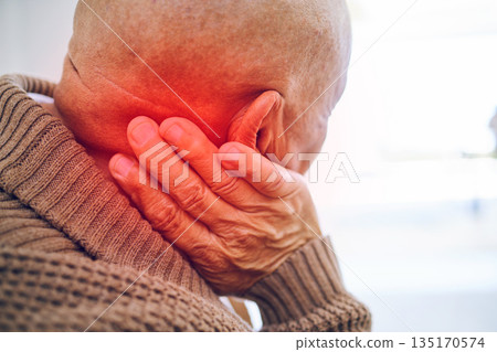 Old man, neck pain and health with injury and red overlay, muscle tension with medical problem and mockup space. Joint ache, arthritis and glow with elderly male person, retirement and fibromyalgia 135170574