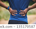 Back pain, fitness and hands of man in park after workout, exercise and training or running outdoors. Medical emergency, health and closeup of male person with muscle strain, injury or hurt in nature 135170587