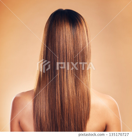 Woman, hair and beauty with hairstyle and back view, haircare and keratin treatment isolated on studio background. Female model with highlights, color and cosmetic care, texture and growth with shine Woman, hair and beauty with hairstyle and back view, haircare and keratin treatment isolated on studio background. Female model with highlights, color and cosmetic care, texture and growth with shine 135170727