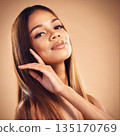 Beauty, hand in hair and portrait of woman in studio for wellness, keratin treatment and haircare. Salon, hairdresser and face of female person on orange background for growth, shine and texture 135170769