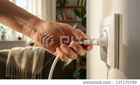 Close up of hand inserting electrical plug into wall socket. Close up of hand inserting electrical plug into wall socket. 135170789