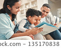 Young happy family, children reading and sofa for story, book and learning together in home, love and bonding. Parents, education and kids on living room couch with smile, care and support in house 135170838