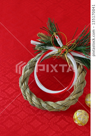 New Year's Shimenawa (decorative rope) - Auspicious symbols (crane and pine tree) - Vertical composition | Japanese New Year Shimenawa New Year's Shimenawa (decorative rope) - Auspicious symbols (crane and pine tree) - Vertical composition | Japanese New Year Shimenawa 135170841