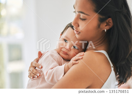 Mother, holding baby and love in a family home for bonding, security and quality time. Woman or mom and girl child relax together in a house for development, trust and support or care on mothers day Mother, holding baby and love in a family home for bonding, security and quality time. Woman or mom and girl child relax together in a house for development, trust and support or care on mothers day 135170851
