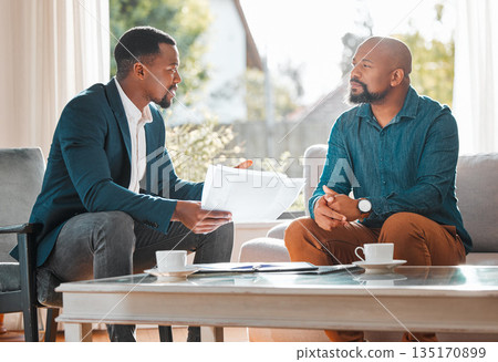 Financial advisor, document and man in a house with a client for meeting or consultation for advice. Professional broker with a male person to explain investment, savings plan or budget and insurance Financial advisor, document and man in a house with a client for meeting or consultation for advice. Professional broker with a male person to explain investment, savings plan or budget and insurance 135170899