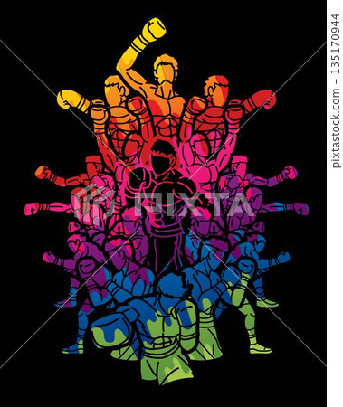 Boxing Sport Group of Boxer Mix Kickboxing Action Cartoon Graphic Vector 135170944