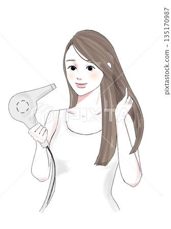 Illustration material: hair dryer, blow, beautiful hair, hair care, woman Illustration material: hair dryer, blow, beautiful hair, hair care, woman 135170987