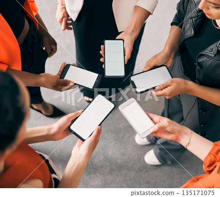 Contact us, phone screen and women hands for business communication, networking and social media. Mobile app, space and group of people in circle, connection and Web 3.0 advertising mockup in office 135171075