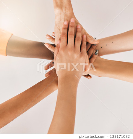 Hands stacked, teamwork and women in support, collaboration goals and community or solidarity from above. Circle, group of people and team work, faith or together sign isolated on a white background Hands stacked, teamwork and women in support, collaboration goals and community or solidarity from above. Circle, group of people and team work, faith or together sign isolated on a white background 135171082
