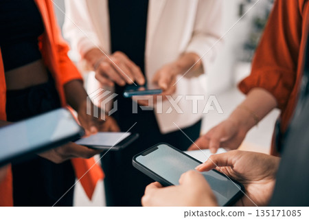 Contact us, phone and people hands typing for business communication, networking and social media chat. Mobile app, screen and group of women in circle, connection and Web 3.0 or internet in office Contact us, phone and people hands typing for business communication, networking and social media chat. Mobile app, screen and group of women in circle, connection and Web 3.0 or internet in office 135171085