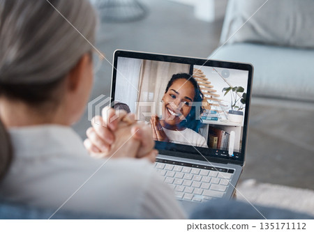 Woman, laptop and video call for virtual meeting, webinar or consulting in remote work at home. Female person or consultant talking on computer in seminar for networking, therapy and communication Woman, laptop and video call for virtual meeting, webinar or consulting in remote work at home. Female person or consultant talking on computer in seminar for networking, therapy and communication 135171112