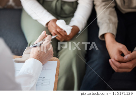 Hands of couple, therapist with pen and counselling for support, advice and help in relationship together. Closeup of hand of man, woman and psychologist, communication and healing marriage therapy. 135171129