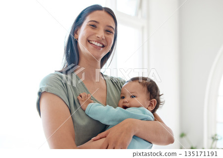 Mother, baby and happy portrait in home for love, care and quality time together for trust, growth and development. Mom, infant and holding newborn girl, kid and support of happiness in nursery room Mother, baby and happy portrait in home for love, care and quality time together for trust, growth and development. Mom, infant and holding newborn girl, kid and support of happiness in nursery room 135171191