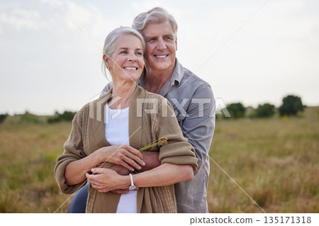 Love, hug and happy with old couple in nature for bonding, smile and romance. Happiness, retirement and support with senior man and woman in countryside for affectionate, holiday and vacation Love, hug and happy with old couple in nature for bonding, smile and romance. Happiness, retirement and support with senior man and woman in countryside for affectionate, holiday and vacation 135171318