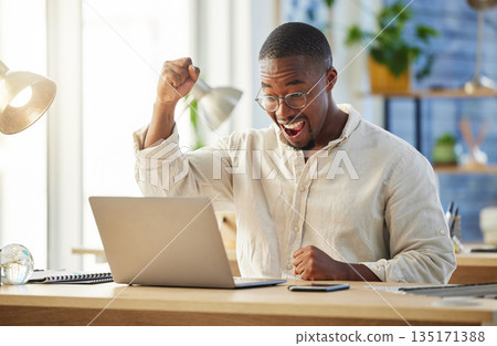 Black business man, celebration and laptop with smile, winning or excited for profit, trading or promotion. African businessman, winner and celebrate by computer, gambling or esports in modern office Black business man, celebration and laptop with smile, winning or excited for profit, trading or promotion. African businessman, winner and celebrate by computer, gambling or esports in modern office 135171388