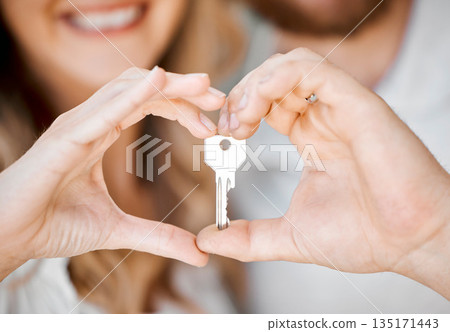 New home, couple and hand heart showing key for moving, love and mortgage celebration. Happiness, emoji and excited hands sign with house and real estate keys together with loving support and joy 135171443