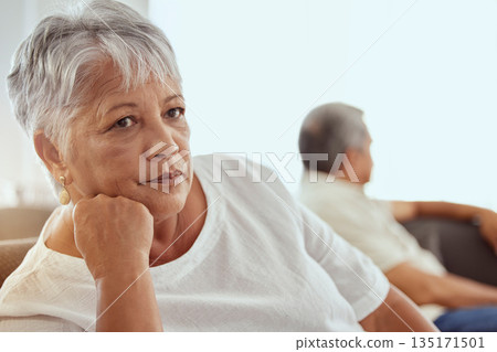 Sad senior woman, fight and home sofa with retirement, marriage problem and frustrated person. Angry, fighting and argument of elderly people on lounge couch with divorce and thinking with stress 135171501