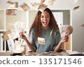 Happy woman laughing with cash flying, savings and finance with success and celebrate financial goals. Budget, winning and wealth with money, investment and female person winner with salary bonus 135171546