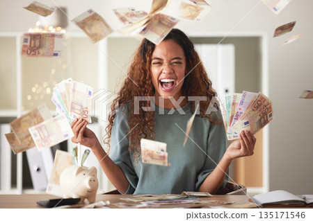 Happy woman laughing with cash flying, savings and finance with success and celebrate financial goals. Budget, winning and wealth with money, investment and female person winner with salary bonus Happy woman laughing with cash flying, savings and finance with success and celebrate financial goals. Budget, winning and wealth with money, investment and female person winner with salary bonus 135171546