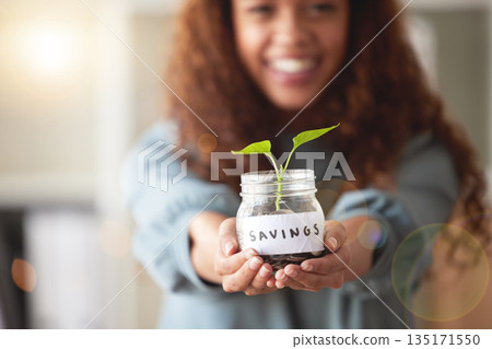 Woman with savings jar, growth and soil with plant, investment and charity with rich financial future. Mockup space, development and female person invest with ecology, finance goals and opportunity Woman with savings jar, growth and soil with plant, investment and charity with rich financial future. Mockup space, development and female person invest with ecology, finance goals and opportunity 135171550