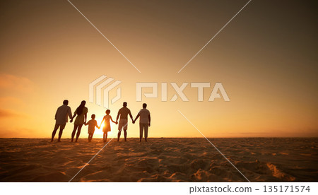 Family, holding hands beach at sunset and generations, grandparents travel with parents and kids with orange sky. Back, unity and men, women and children, silhouette and vacation with mockup space Family, holding hands beach at sunset and generations, grandparents travel with parents and kids with orange sky. Back, unity and men, women and children, silhouette and vacation with mockup space 135171574