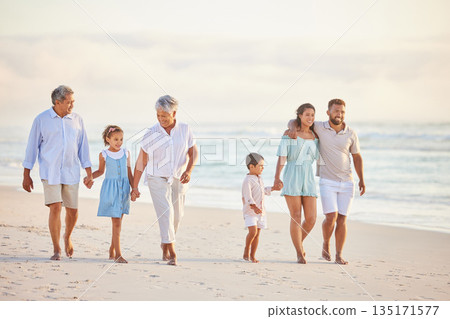 Family, holding hands and walk on beach, generations and people travel together, grandparents and parents with kids. Love, care and men with women and children outdoor, tourism and vacation in Mexico Family, holding hands and walk on beach, generations and people travel together, grandparents and parents with kids. Love, care and men with women and children outdoor, tourism and vacation in Mexico 135171577