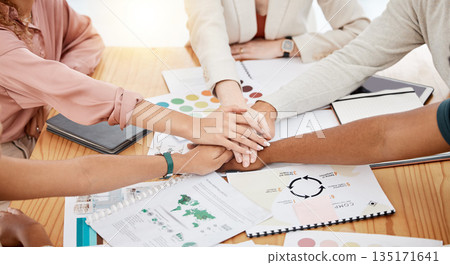 Hands stacked, business and creative people for brand development, project goals and teamwork on documents. Together sign, meeting and graphic designer, marketing agency or person in collaboration Hands stacked, business and creative people for brand development, project goals and teamwork on documents. Together sign, meeting and graphic designer, marketing agency or person in collaboration 135171641