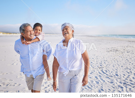 Family, grandparents laughing and child on beach, travel and piggyback, love and vacation with mockup space. Senior people with boy, funny conversation with tourism in Mexico and bonding together Family, grandparents laughing and child on beach, travel and piggyback, love and vacation with mockup space. Senior people with boy, funny conversation with tourism in Mexico and bonding together 135171646