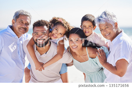 Family in portrait, grandparents and parents with kids on beach, travel and piggyback with love and vacation. Happy people outdoor, generations and trust with tourism in Mexico and bonding together 135171656