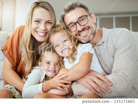 Parents, portrait and sofa with hug, kids and smile with love, bonding and care in family home together. Father, mother and daughters with happiness, embrace and relax on lounge couch in house Parents, portrait and sofa with hug, kids and smile with love, bonding and care in family home together. Father, mother and daughters with happiness, embrace and relax on lounge couch in house 135171663