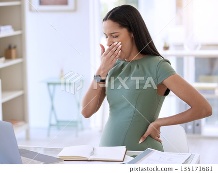 Tired, business woman and pregnant with yawn and fatigue from office work. Pregnancy, female employee and maternity of a worker with fatigue and burnout at a company for report deadline with notes Tired, business woman and pregnant with yawn and fatigue from office work. Pregnancy, female employee and maternity of a worker with fatigue and burnout at a company for report deadline with notes 135171681