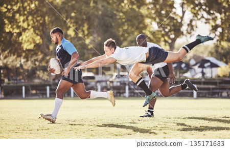 Sports, rugby and men in action on field for match, practice and game in tournament or competition. Fitness, teamwork and strong players tackle for exercise, training and performance to win ball Sports, rugby and men in action on field for match, practice and game in tournament or competition. Fitness, teamwork and strong players tackle for exercise, training and performance to win ball 135171683
