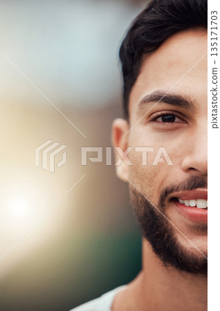 Sports, closeup and half portrait of happy man with fitness mindset, confidence and mockup space. Workout goals, pride and happiness, face of male athlete with motivation in health, wellness and zoom 135171703
