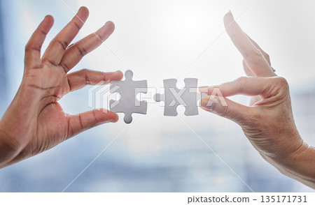Puzzle, teamwork and partnership with hands of business people for synergy, support or trust. Integration, problem solving and solution with employees and jigsaw for mission, collaboration or process Puzzle, teamwork and partnership with hands of business people for synergy, support or trust. Integration, problem solving and solution with employees and jigsaw for mission, collaboration or process 135171731