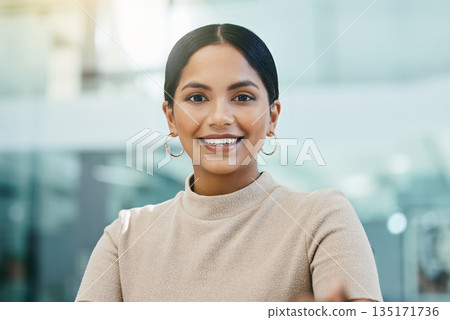 Portrait, smile and business woman, designer or creative in office workplace. Face, happy and female entrepreneur, professional or design employee from India with pride for career, job and company. Portrait, smile and business woman, designer or creative in office workplace. Face, happy and female entrepreneur, professional or design employee from India with pride for career, job and company. 135171736