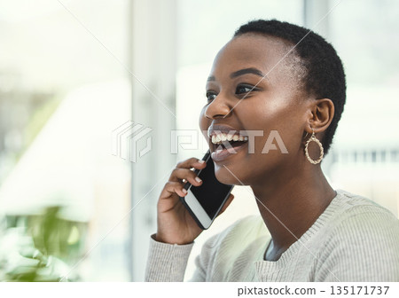 Black woman on professional phone call, smile with communication and networking with business contact. Happy female employee at office, talking on mobile and b2b with mockup space and technology Black woman on professional phone call, smile with communication and networking with business contact. Happy female employee at office, talking on mobile and b2b with mockup space and technology 135171737