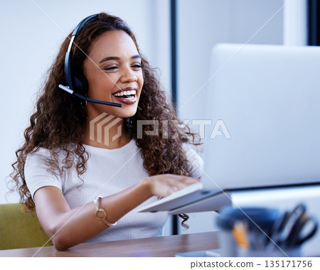 Laptop, call center and funny woman consulting in office for customer service. Contact us, computer and African female sales agent, consultant telemarketing or crm, support or help, advice and happy. Laptop, call center and funny woman consulting in office for customer service. Contact us, computer and African female sales agent, consultant telemarketing or crm, support or help, advice and happy. 135171756